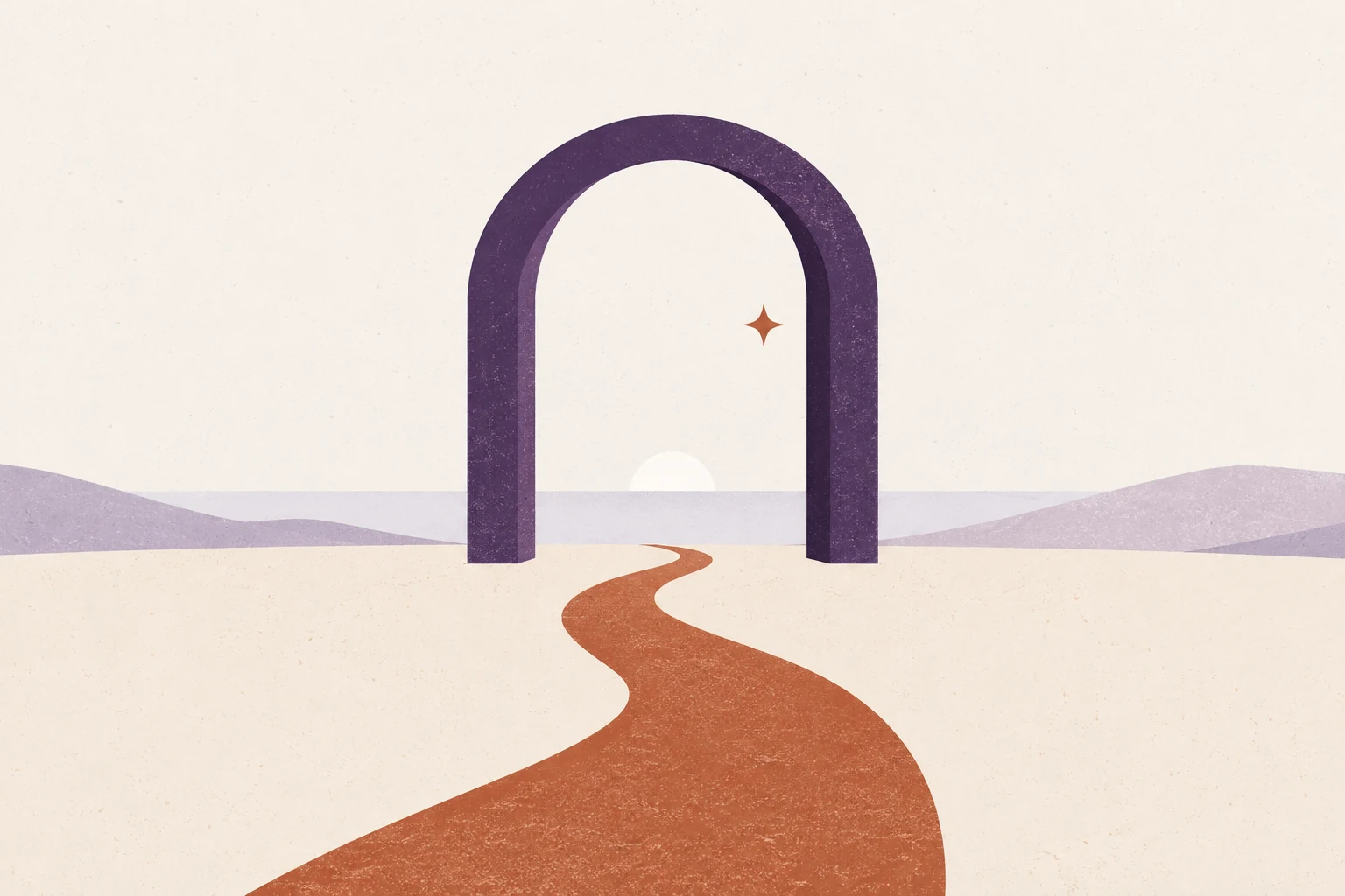 An open plum arch and warm path ending at a pale, uncertain horizon.