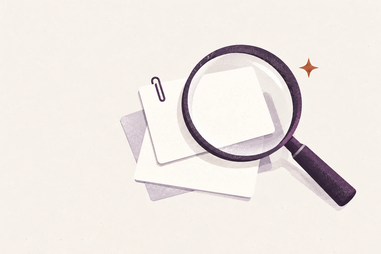 A magnifying glass resting over three blank evidence cards with a small ember spark nearby.