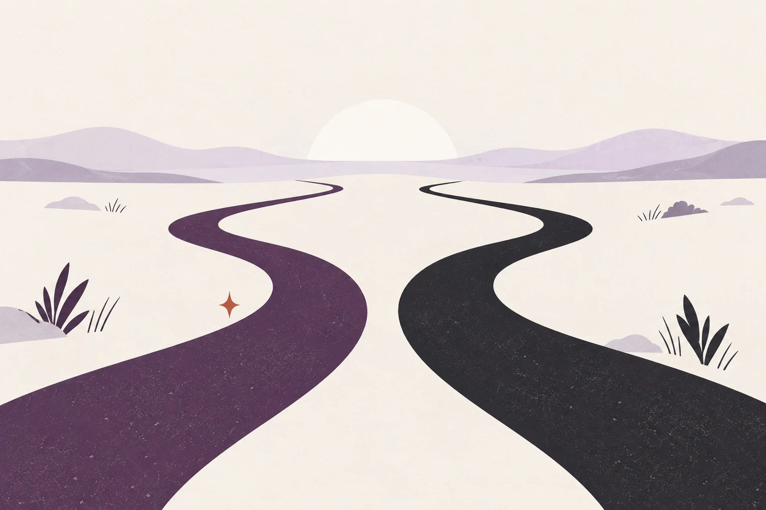 Two unlabelled paths curve toward the same pale horizon.