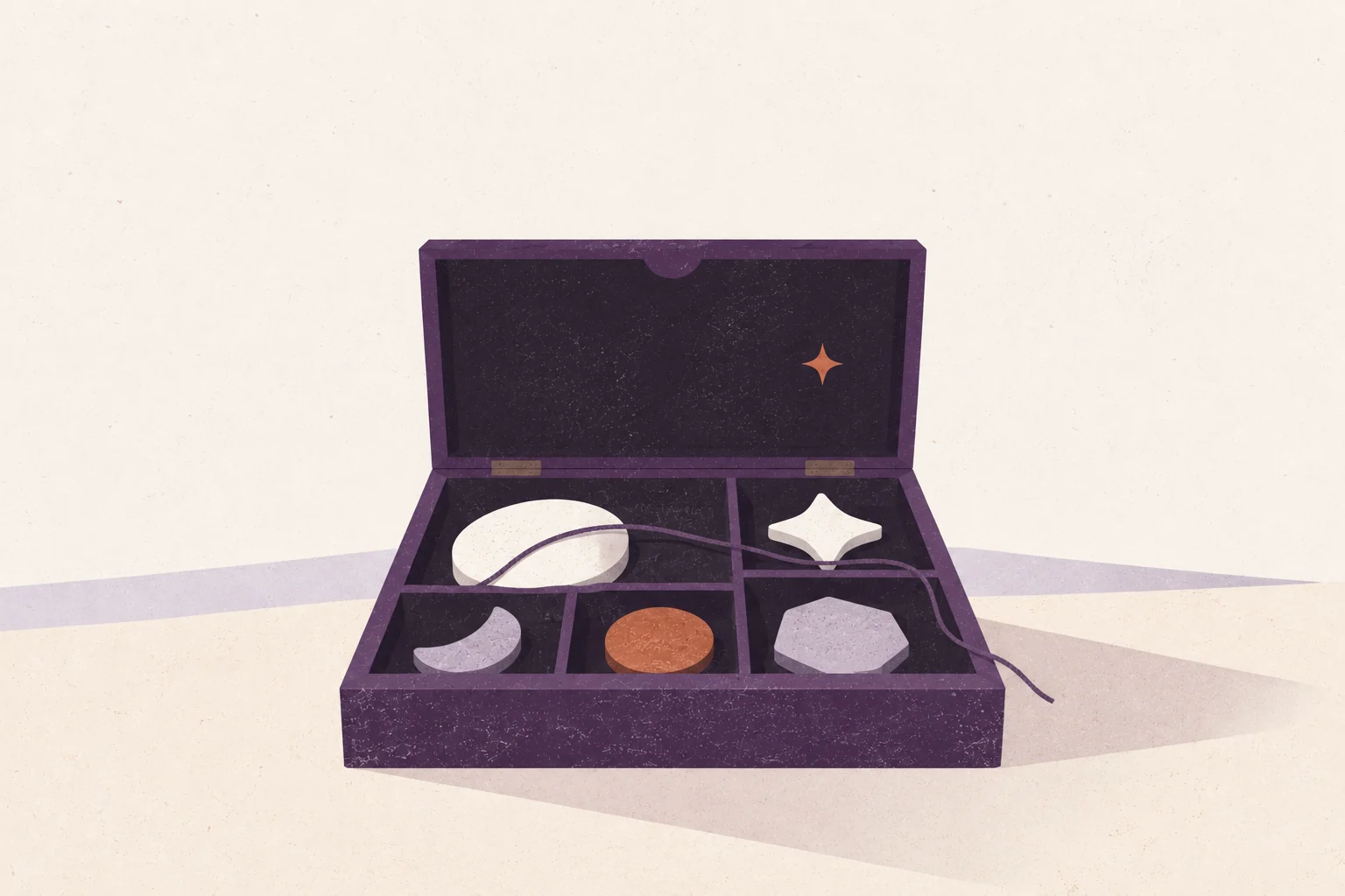 An open memory box with simple blank tokens, a plum thread, and a small ember spark.