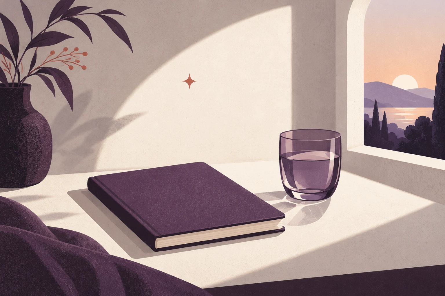 A notebook and glass beside soft dawn light forming an ambiguous arch.
