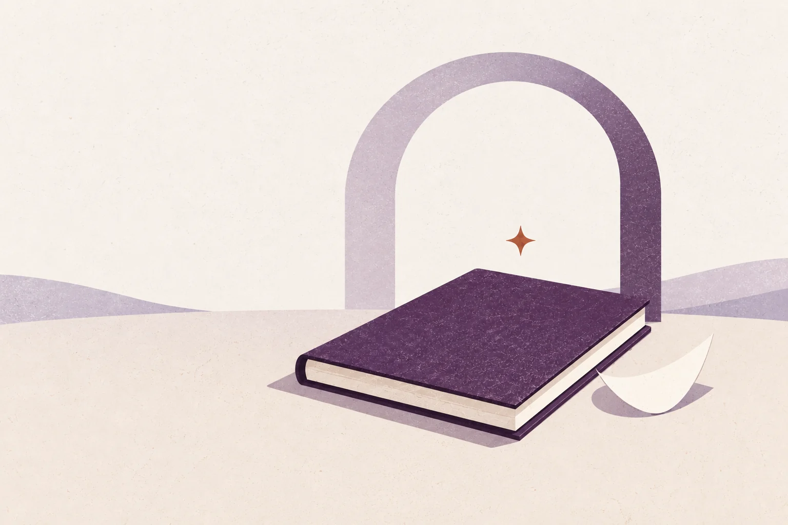 A closed bedside journal beneath a paper arch with a folded crescent and small ember spark.