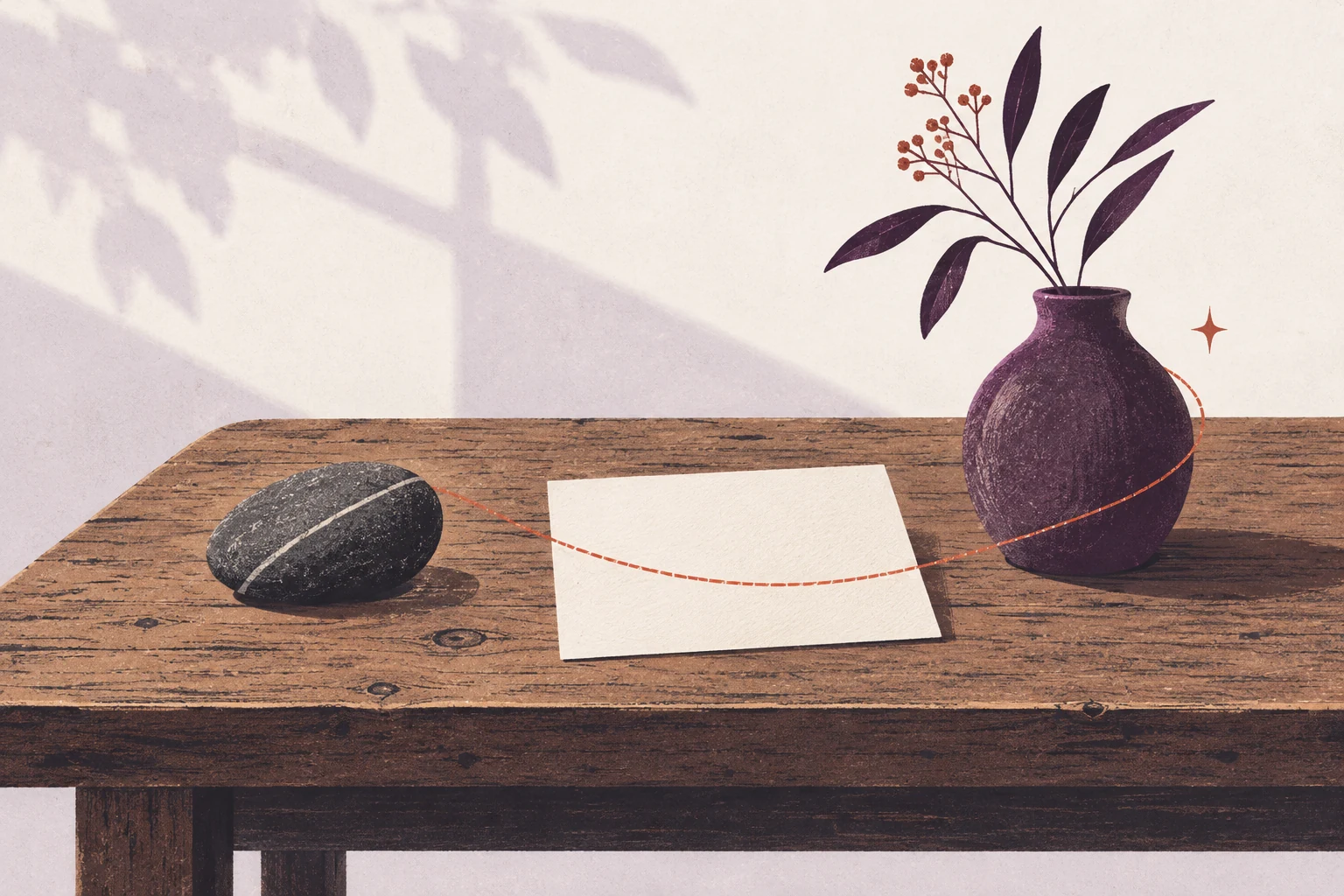 A recipe card, stone and sprig evoke memory through ordinary objects.