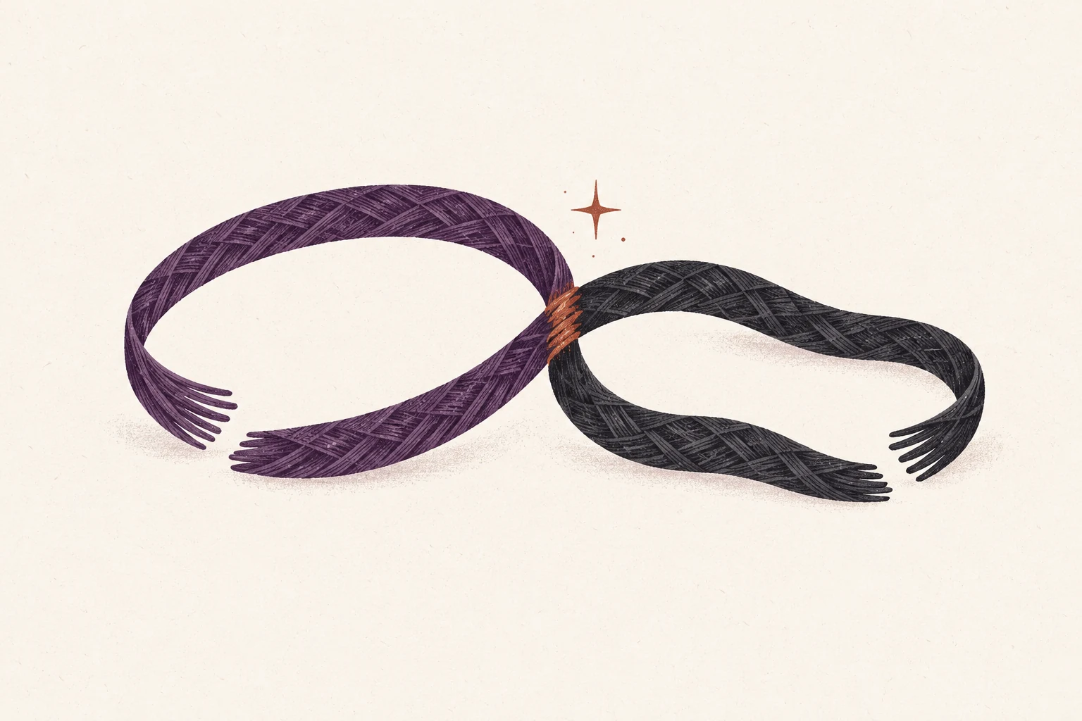 Two open woven loops share a stitch, one taut and one relaxed.