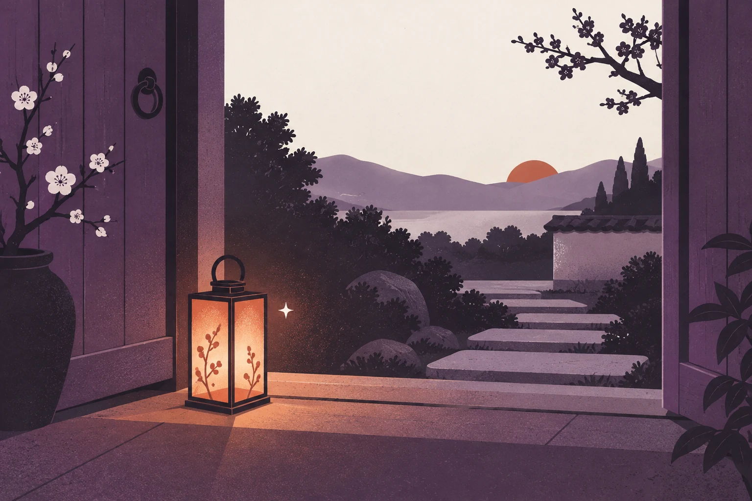 A small paper lantern lights only the next steps beside an open threshold.