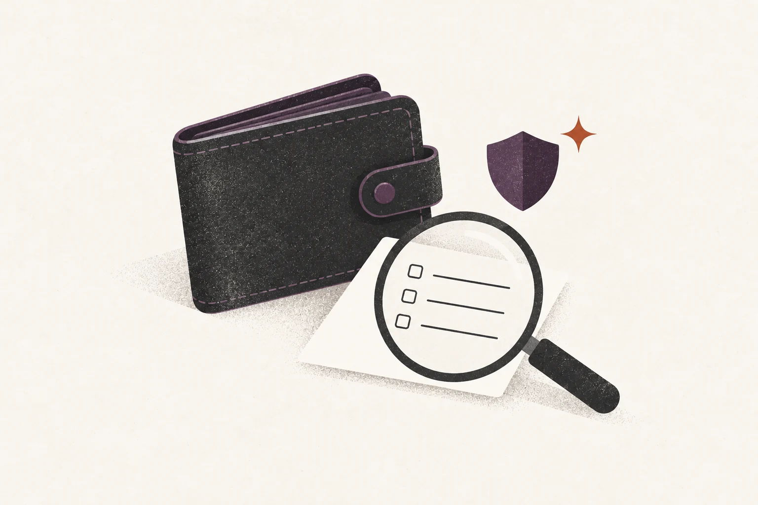 A magnifying glass, closed wallet, and blank checklist suggest checking a service before paying.