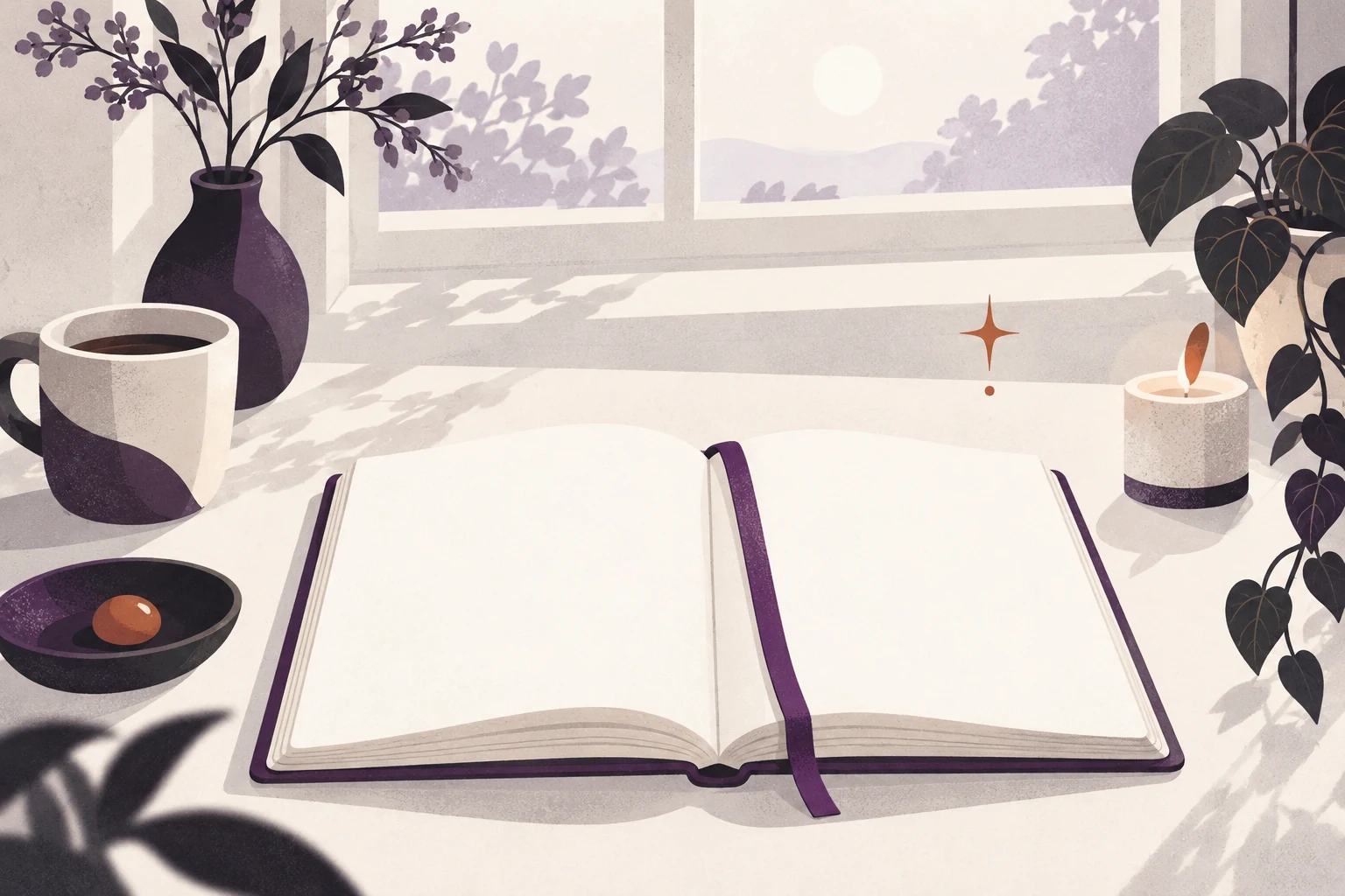 A blank dream journal rests beside a softly lit window.