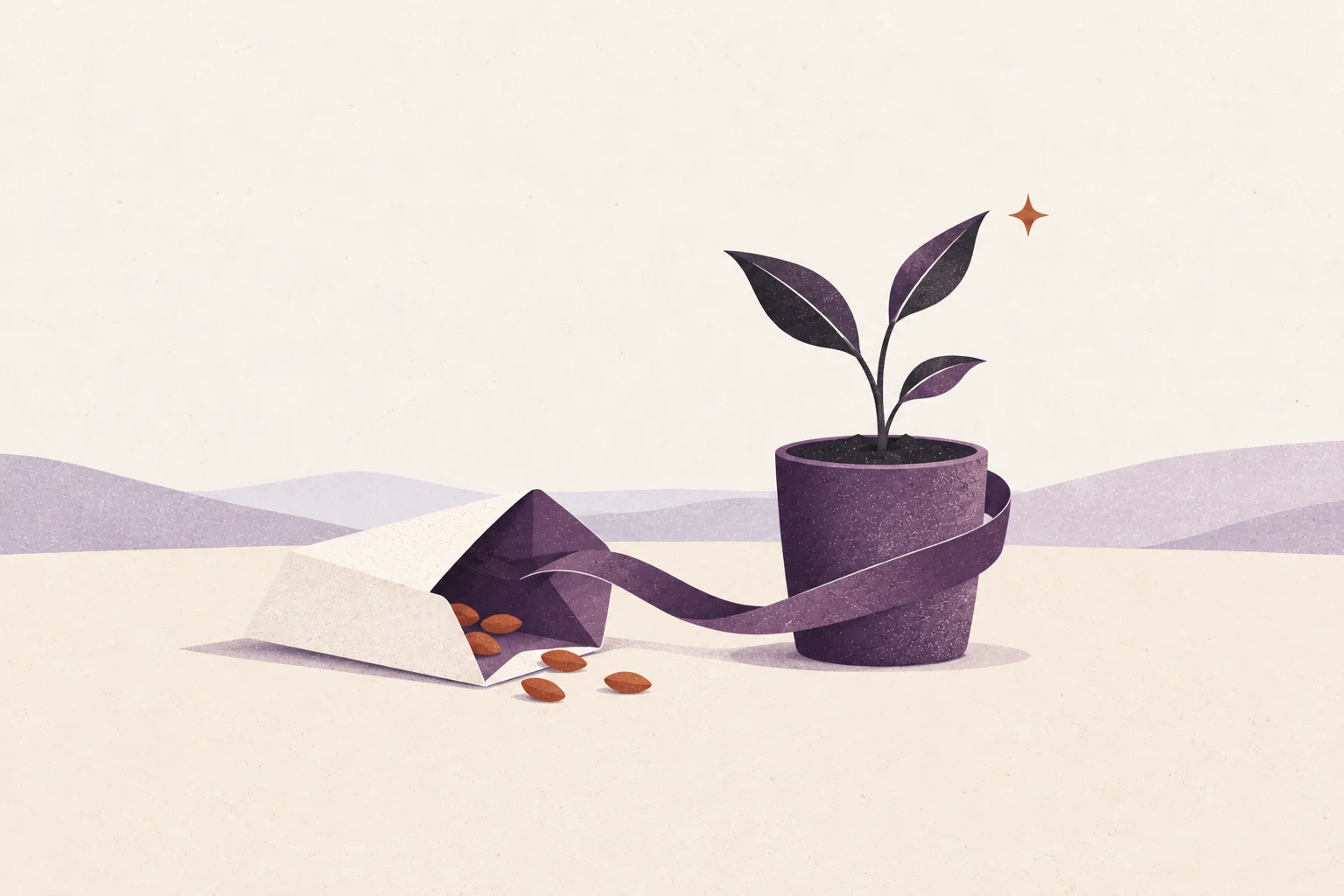 An open seed envelope linked by a plum ribbon to a small sprout with an ember spark.