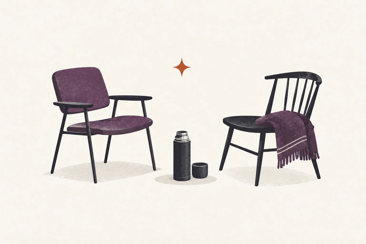 Two different chairs face each other beside a thermos and folded blanket, suggesting quiet support.