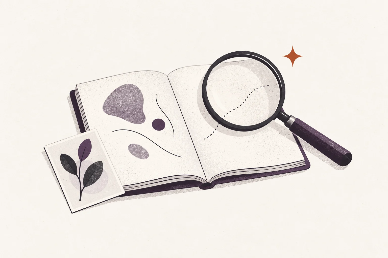 A magnifying glass rests over an open research notebook whose dotted line remains unfinished.