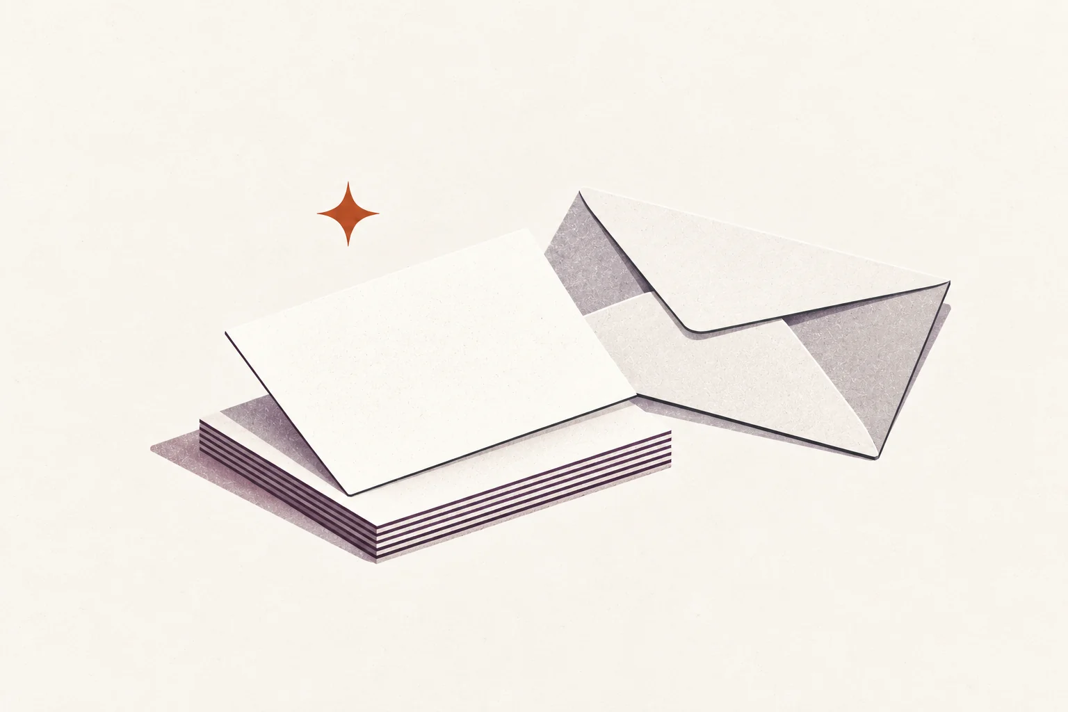 A hand-sized stack of blank message cards and an envelope suggest choosing words with care.
